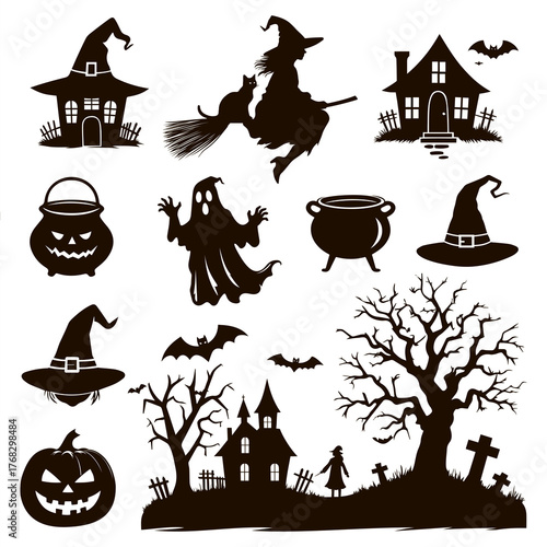 Set of Halloween silhouettes, illustrations for cards and banners