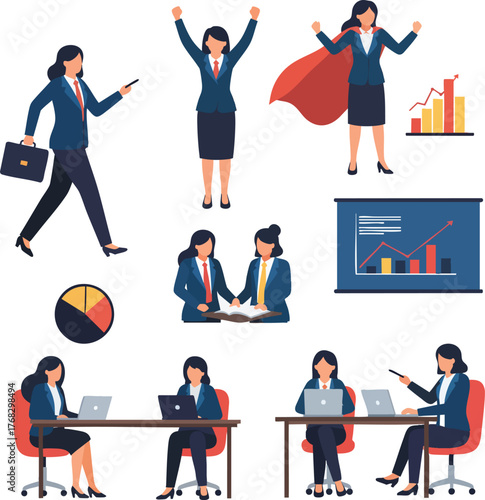 Businesswoman character set in a blue suit and red tie depicted in various poses of success leadership teamwork and office work.