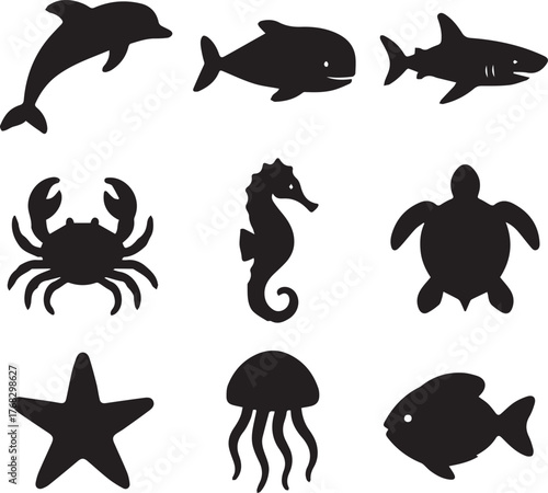Collection of Silhouetted Marine Life Dolphin, Fish, Shark, Crab, Seahorse, Turtle, Starfish, Jellyfish, and Another Fish, Perfect for Educational or Decorative Purposes