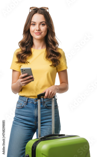 A woman with long brown hair wearing a yellow t-shirt and blue jeans holding a green suitcase, against transparent background