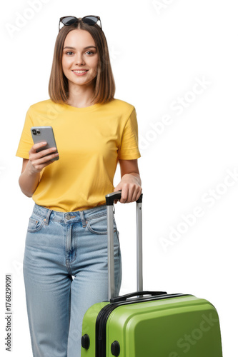 A young woman wearing a yellow t-shirt and light blue jeans, holding a smartphone while pulling a green suitcase, against transparent background
