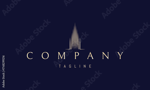 A vector golden logo featuring an abstract image: a luminous building made of vertical light beams reaching upward into the sky.