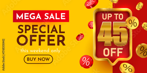 Mega Sale Special Offer banner with up to 45 discount. Perfect for marketing and promotion. Vector illustration.
