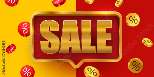 Golden SALE Text with Percentage Icons on a Red and Yellow Background, perfect for discounts and promotions. Vector illustration.