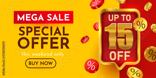 Mega Sale Special Offer banner with up to 15 discount. Perfect for marketing and promotion. Vector illustration.