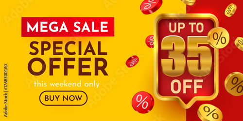 Mega Sale Special Offer banner with up to 35 discount. Perfect for marketing and promotion. Vector illustration.