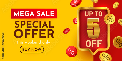 Mega Sale Special Offer banner with up to 5 discount. Perfect for marketing and promotion. Vector illustration.