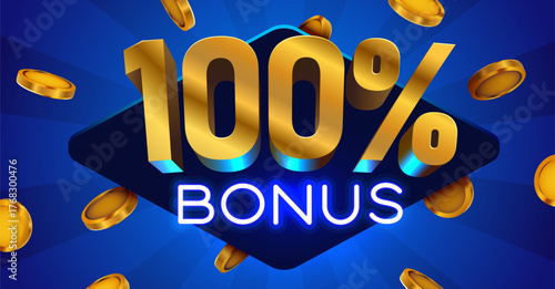 Golden 100 Bonus Promotion Design. Vibrant blue background with metallic numbers, neon text, and falling coins. Vector illustration.