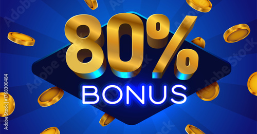 Golden 80 Bonus Promotion Design. Vibrant blue background with metallic numbers, neon text, and falling coins. Vector illustration.