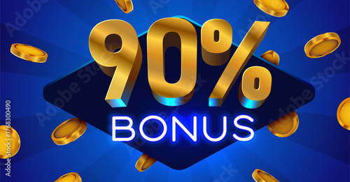 Golden 90 Bonus Promotion Design. Vibrant blue background with metallic numbers, neon text, and falling coins. Vector illustration.