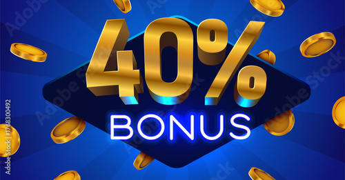 Golden 40 Bonus Promotion Design. Vibrant blue background with metallic numbers, neon text, and falling coins. Vector illustration.