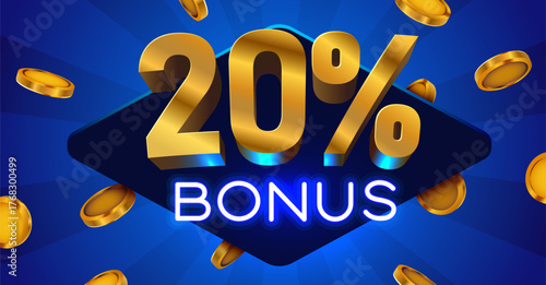 Golden 20 Bonus Promotion Design. Vibrant blue background with metallic numbers, neon text, and falling coins. Vector illustration.