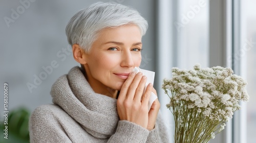 Mature Woman With Frosty Hair Wearing Cozy Sweater Holding Tissue Near Window With Dried Flowers And Green Plant In Soft Natural Light