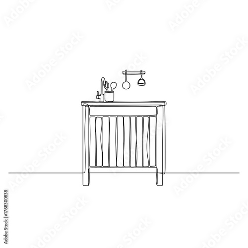 Rustic kitchen prep table with utensils line drawing on white background