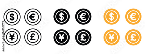 Currency Money Dollar, Euro, Yen, Sterling icon set. Global currency symbol. vector illustration.