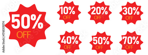Discount price tag icon set. red burst stickers for 10%, 20%, 30%, 40%, 50% and 70% off  symbol. vector illustration.