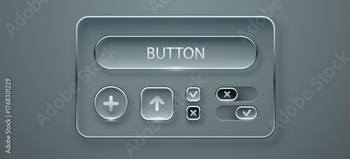 Modern Glassmorphism UI elements set. User interface design featuring various buttons and toggle controls.