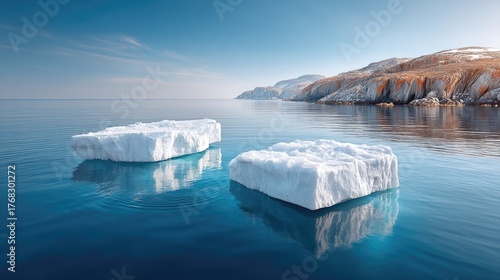 Serene Polar Landscape With Icebergs Floating In Deep Blue Ocean Under Clear Sunny Sky With Snow Covered Hills In The Background