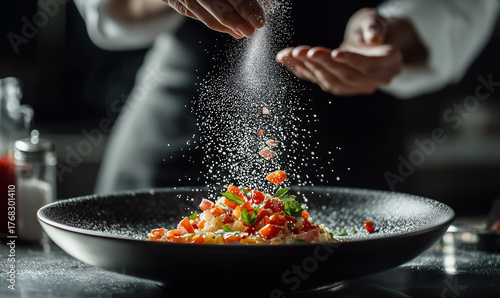 Culinary artistry chef seasoning fresh pasta dish in modern kitchen food photography elegant atmosphere close-up perspective