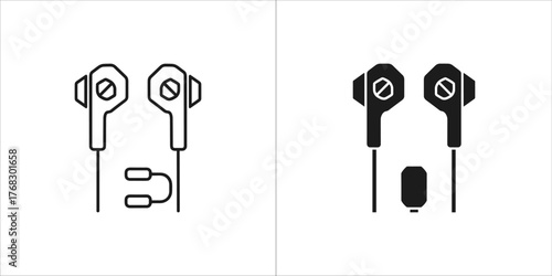 Two icons of earphones, one outline and one filled