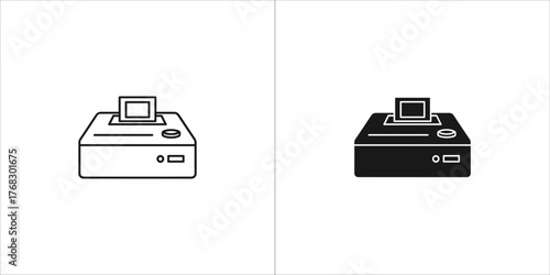 Two icons of a game console, one outline and one solid black