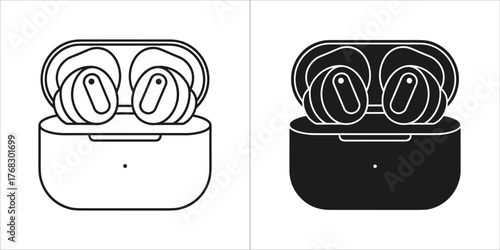 Two wireless earbuds in charging case, one white outline, one black silhouette
