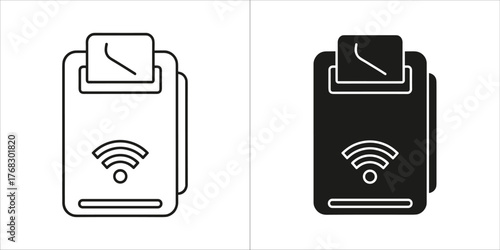 Two icons of nfc tag or card reader with wifi symbol, one outline and one solid black