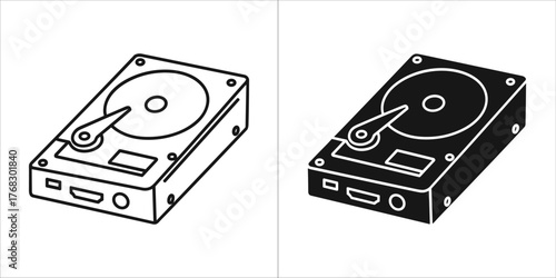Hard disk drive icon, black and white outline