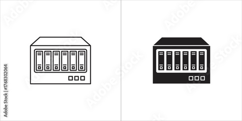 Two icons of a nas storage device, one outlined and one solid black