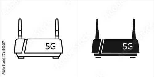 5g router icon, black and white outline and solid fill