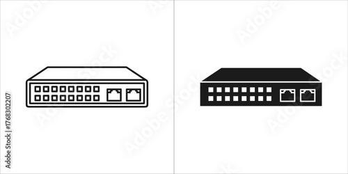 Two icons of a network switch, one black and white