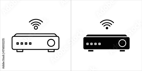 Two icons of a wireless router, one outline and one filled
