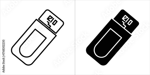 Two icons of a usb flash drive, one black and one outline