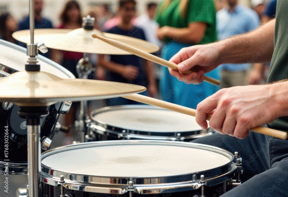 Obraz premium Drummer playing energetic beats on a drum set during a lively street performance