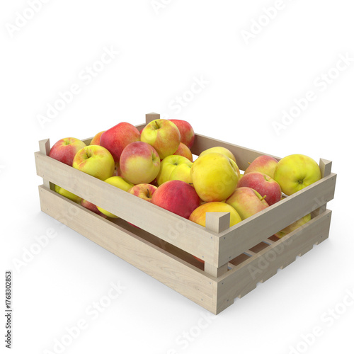 Wooden crate filled with fresh red and green apples