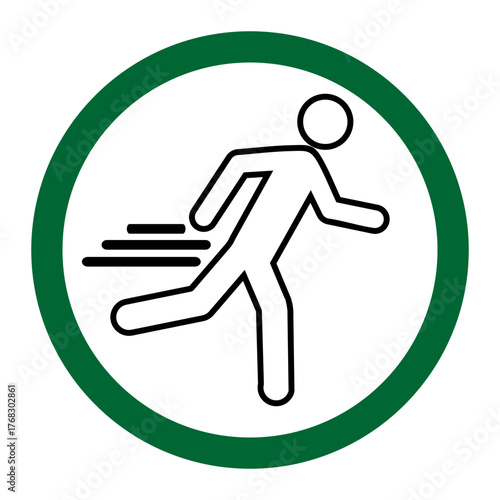 Emergency Exit and Evacuation Icon: Running Man Symbol
​Vector Graphic of a Person in Motion: Speed and Urgency
​Dynamic Safety Signage: Fast Running Silhouette in Green Circle