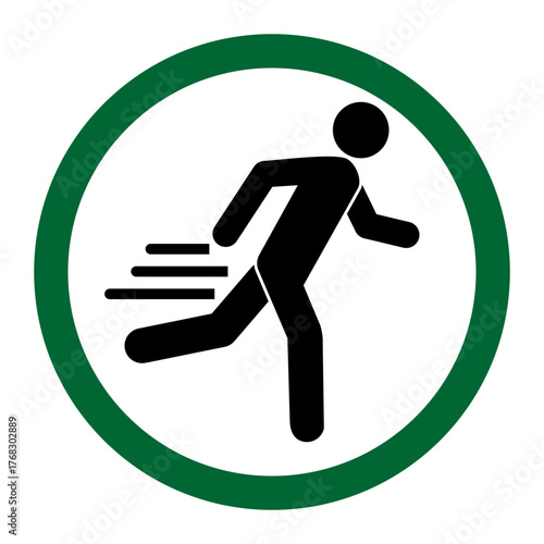 Emergency Exit and Evacuation Icon: Running Man Symbol
​Vector Graphic of a Person in Motion: Speed and Urgency
​Dynamic Safety Signage: Fast Running Silhouette in Green Circle