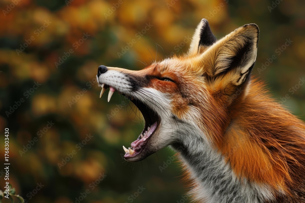 Fototapeta premium Red fox yawning showing teeth and tongue, in autumnal background