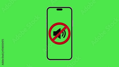 Animated mobile phone with a mute icon on a green screen. Suitable for silent mode, meeting notification, or technology interface clip.