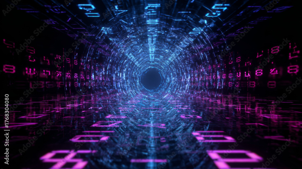 Obraz premium glowing circular digital vortex with layered circuits and lights, symbolizing data flow, cyberspace