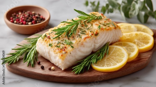 Flaky White Fish Fillet Seasoned with Herbs and Lemon Slices Presented on Wooden Board with Peppercorns and Rosemary Sprigs in Studio Lighting