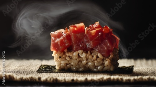 macro food photography of spicy tuna on crispy rice sushi