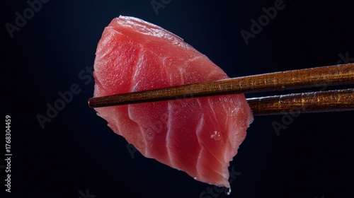 sashimi held by wooden chopsticks, black velvet background
