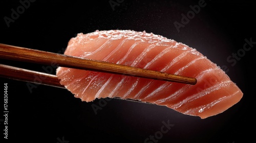 sashimi held by wooden chopsticks, black velvet background