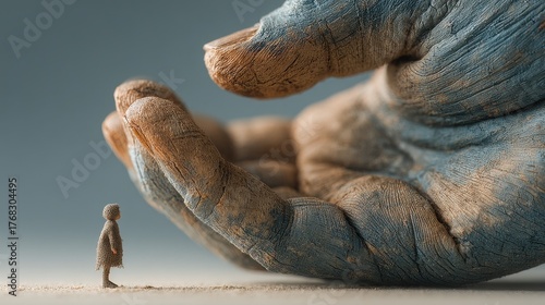Small Figure Standing Before Large Hand: Protection, Guidance, Solitude, Scale, Human Connection, Abstract Concept