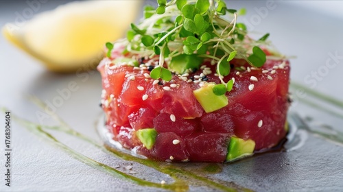 photograph of Tartare di Tonno, finely diced raw tuna stacked into a neat round form