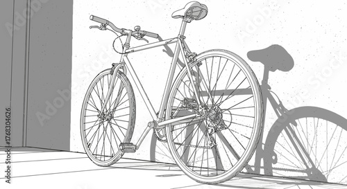 Bicycle Leaning Against Wall with Strong Shadows and Light.