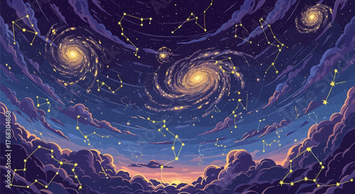 Celestial Constellations and Swirling Galaxies Adorn a Mystical Night Sky.