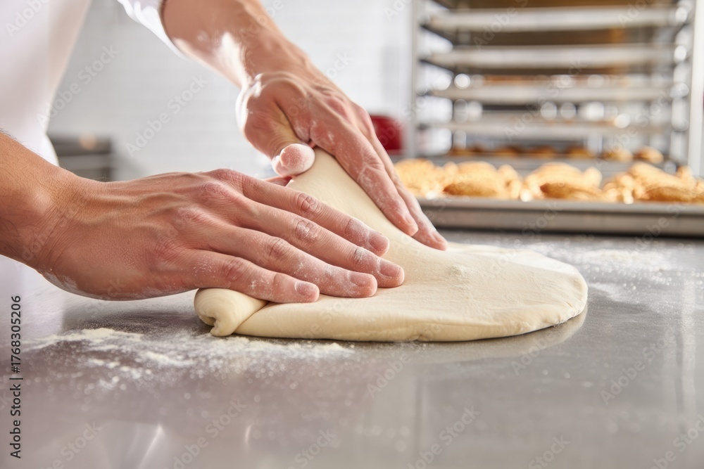 Fototapeta premium Baker kneading dough on a floured surface in a professional kitchen
