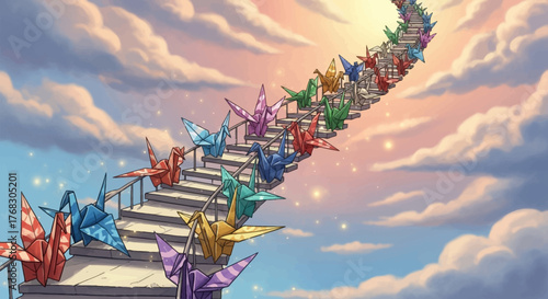 Colorful origami cranes ascending a stairway to the heavens.